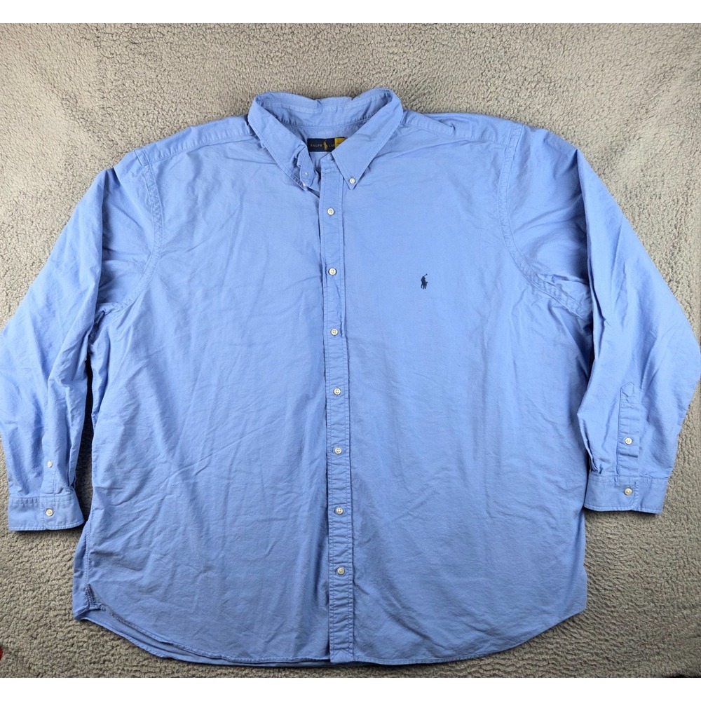Polo Ralph Lauren Men Blue Solid Long Sleeve Button Down Shirt 5XB 100% Cotton